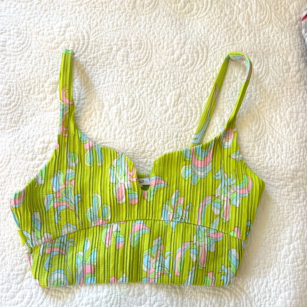 Zara green floral paisley retro printed pleated crop tank top size S